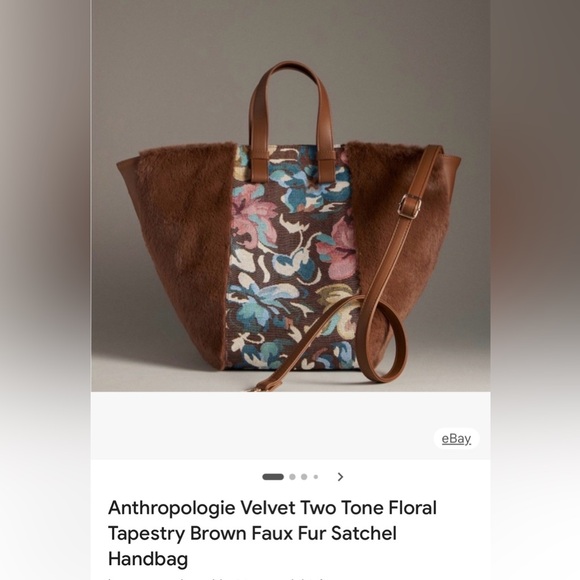 Anthropologie Two Tone Floral Tapestry Brown Faux Fur Satchel Handbag